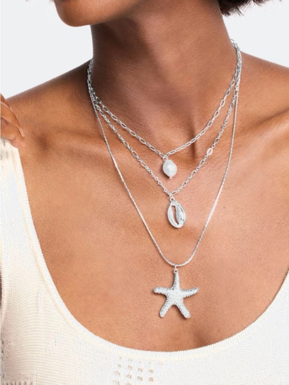 Brenda Layered Silver Starfish & Shell Pendant Necklace - Women Jewelry